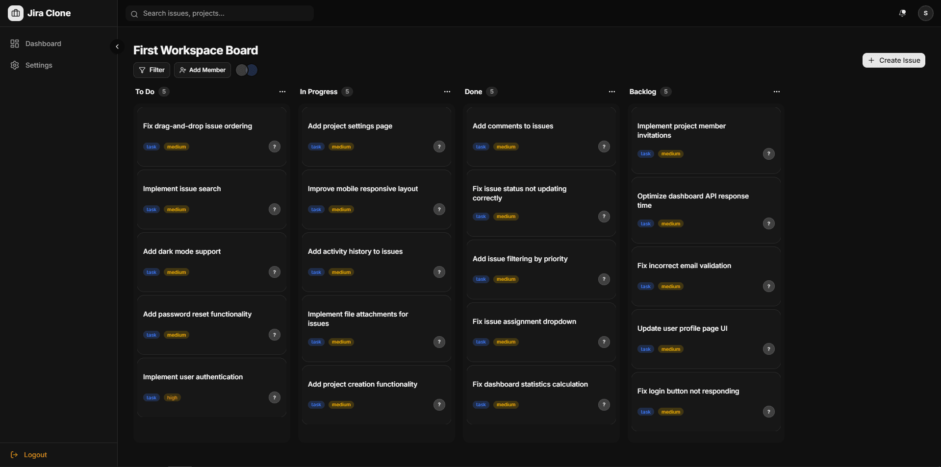 Jira Clone Kanban Board Preview